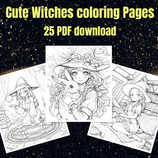 25 Cute Witches Coloring Pages | Printable Magical PDF Pages | For Adults, Teens, Relax and Stress Relief| PK2